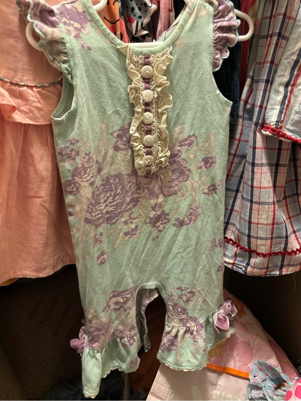 Ruffle Button Floral Romper in Mint and Lavender